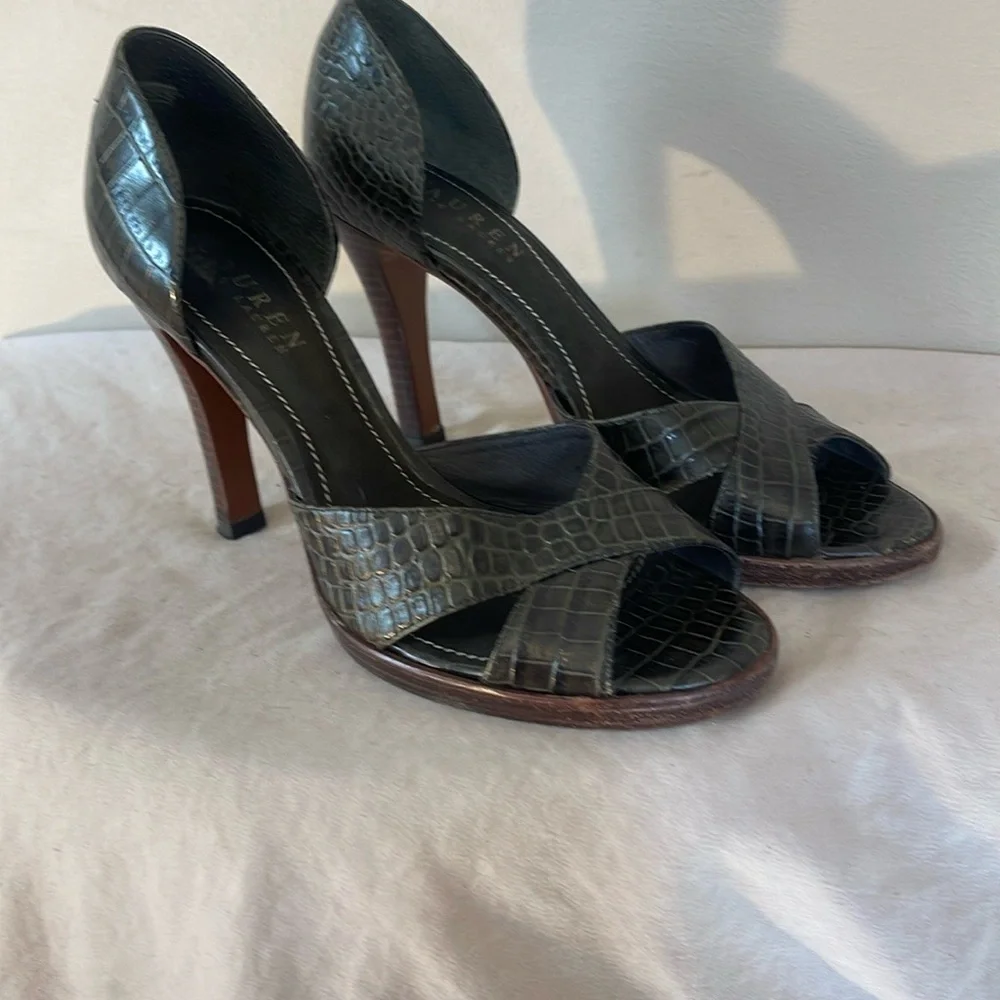 Ralph Lauren Leather Crocodile Pattern Heels Callia Peep Toe Pumps Shoes 7 B - Picture 9 of 9
